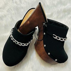 Black Suede Platform Mules Silver Chain